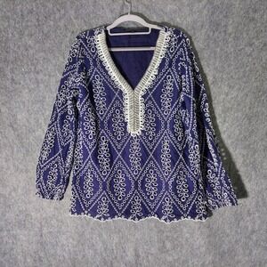 Boston Proper Tunic L Blue Navy‎ Long Sleeve Embroidered Beaded Bohemian Cottage